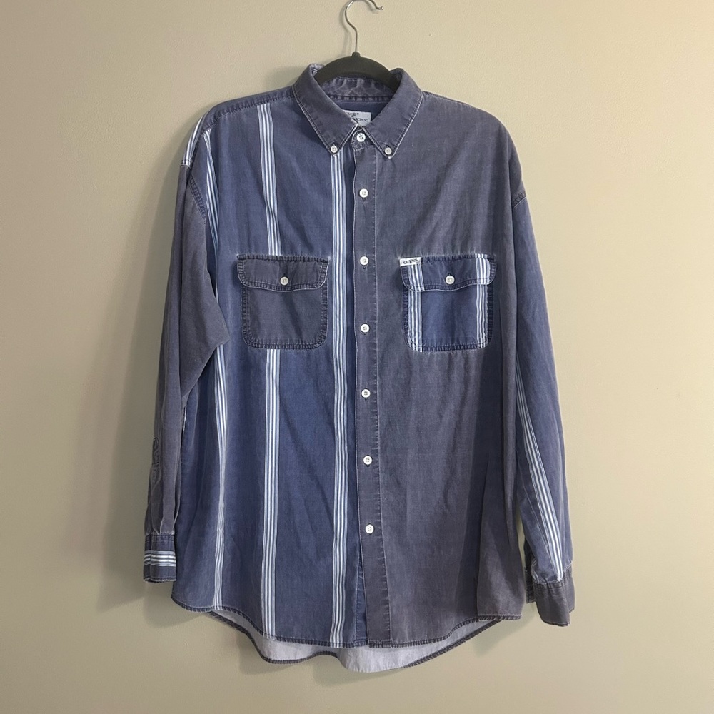 Guess Men's Dual-Tone Blue Button Down Shirt, L